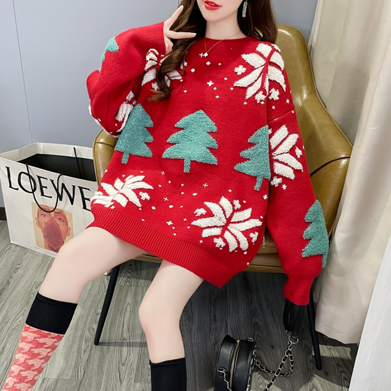 紅色聖誕毛衣女慵懶風寬鬆外穿韓版秋冬2023新款時尚洋氣加厚上衣