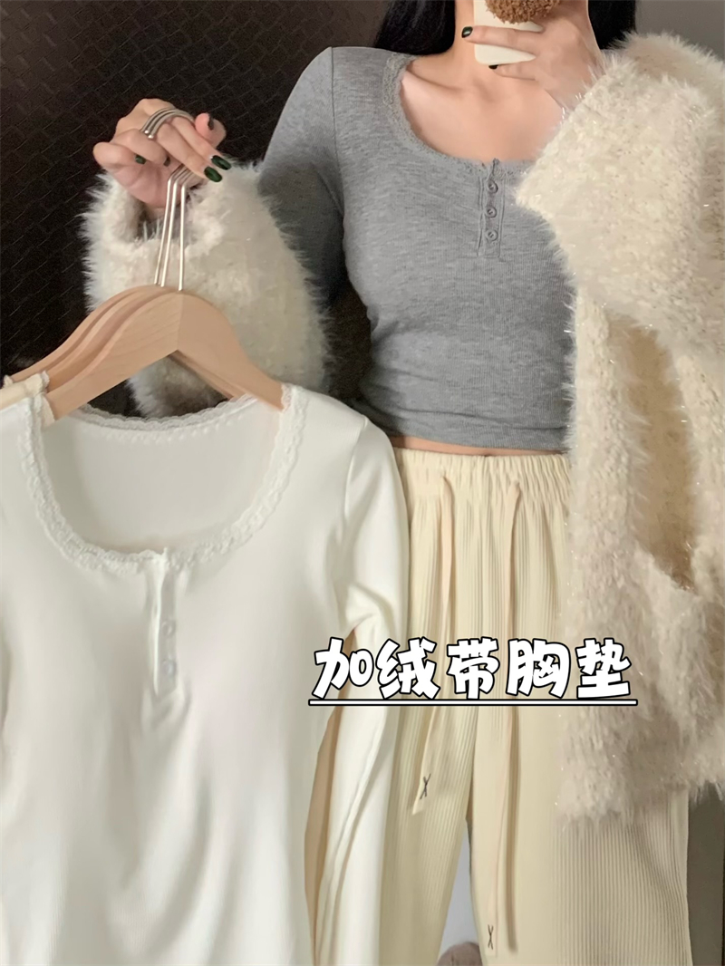 實拍秋冬磨毛絨絨保暖蕾絲拼接顯瘦紐扣設計長袖打底外穿T恤