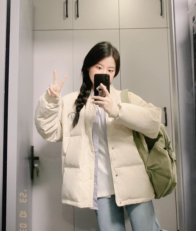 2023冬季美式復古ins杏色羽絨棉衣棉服女高級感超好看麵包服外套