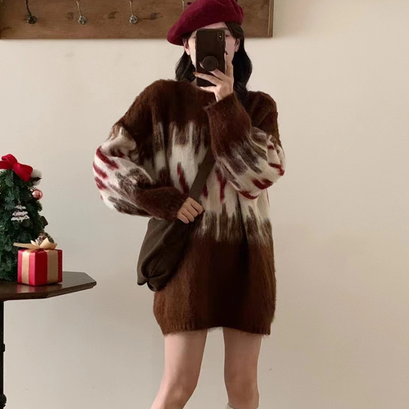 韓版漸變色聖誕氛圍感套頭毛衣女秋冬季新款寬鬆慵懶風針織衫上衣