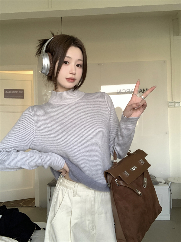 實拍秋冬新款半高領坑條加絨加厚針織毛衣打底衫