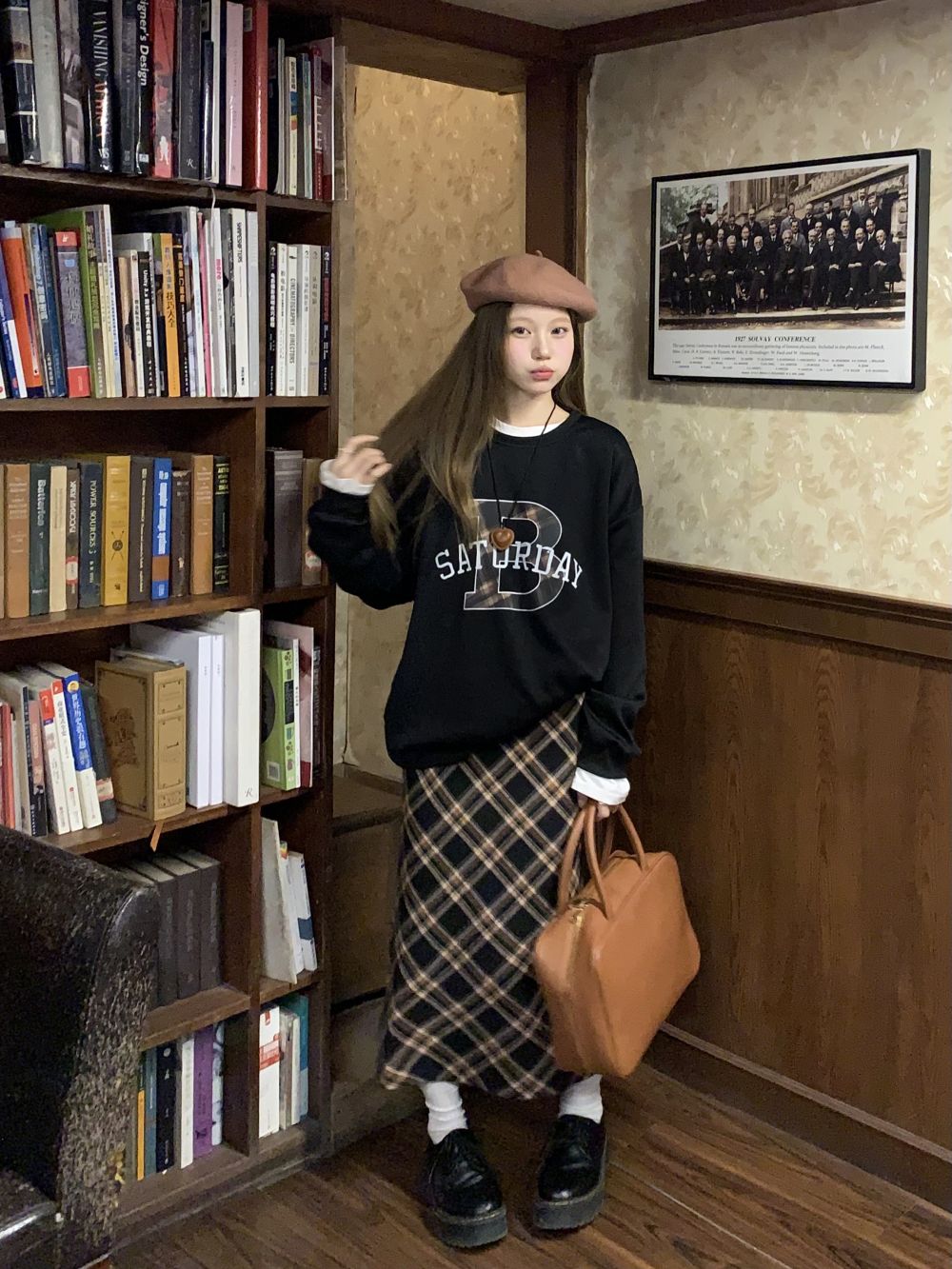 實拍三標齊美式加絨印花圓領衛衣+格子高腰半身裙兩件套