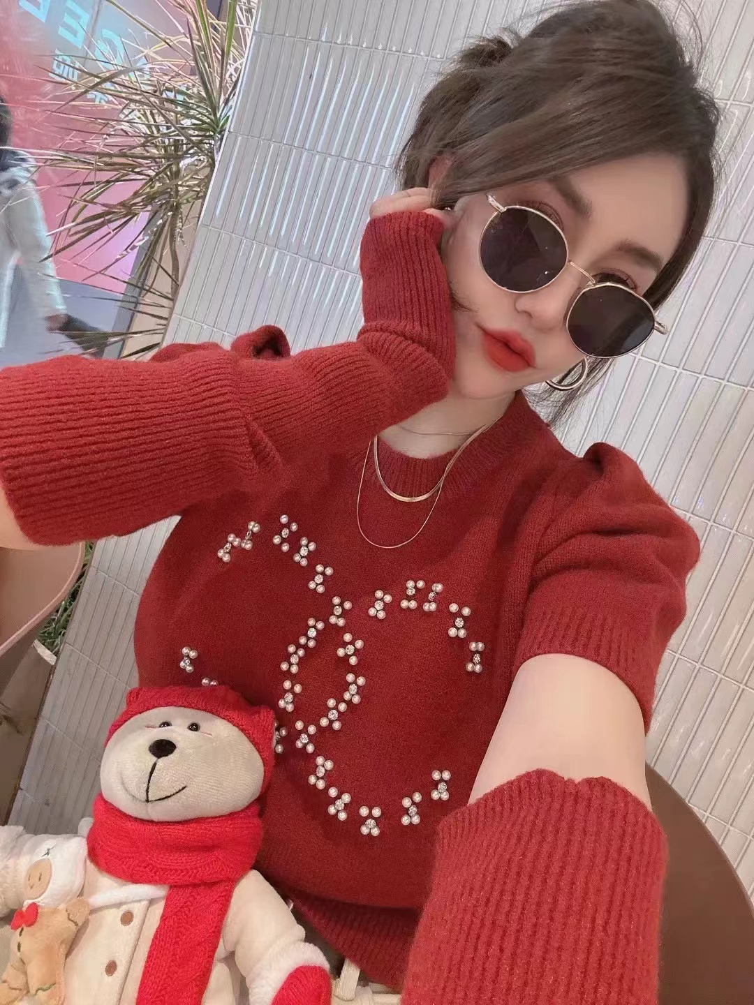 歐貨洋氣分袖套毛衣女秋冬新年香風釘珠花朵針織毛衫短款軟糯上衣
