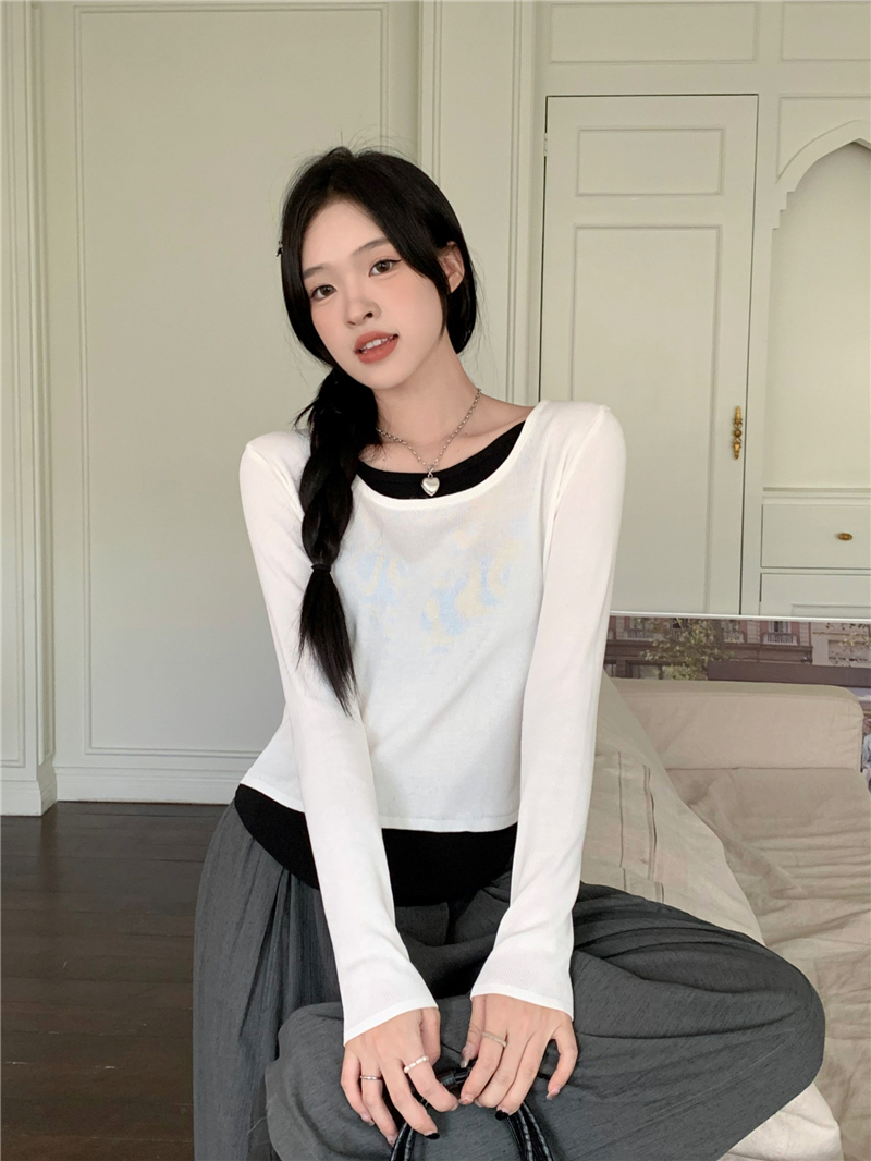 Actual shot of autumn and winter new contrasting color fake two-piece square collar exposed collarbone long-sleeved sweater versatile t-shirt top for women