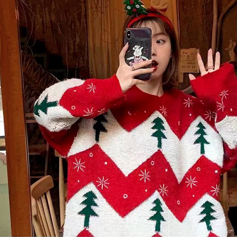 可愛甜美新年聖誕毛衣女寬鬆學院風百搭上衣2024秋冬加厚針織衫潮