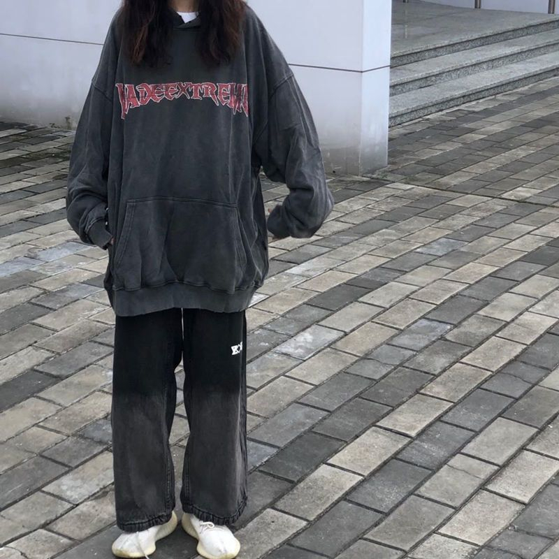 美式復古漸變黑灰色牛仔褲女ins潮牌高街風直筒寬鬆闊腿老爹褲子