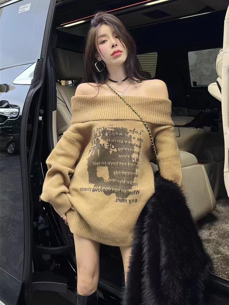 氣質一字肩慵懶風毛衣2023新款女裝秋冬百搭長袖寬鬆中長款針織衫