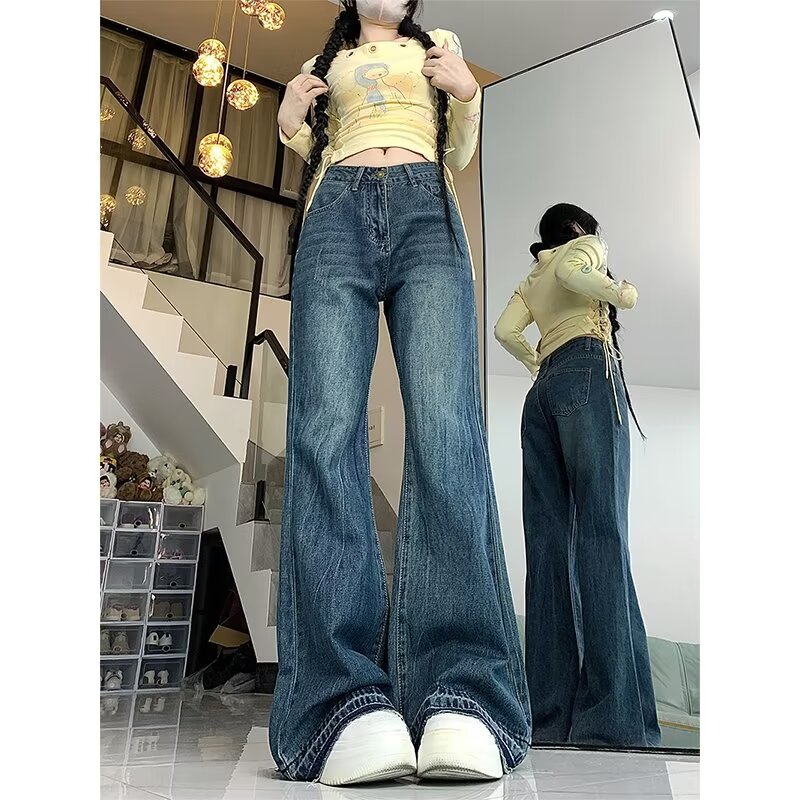 大碼美式復古微喇叭牛仔褲女秋冬胖m寬鬆高腰直筒闊腿拖地褲S-5XL