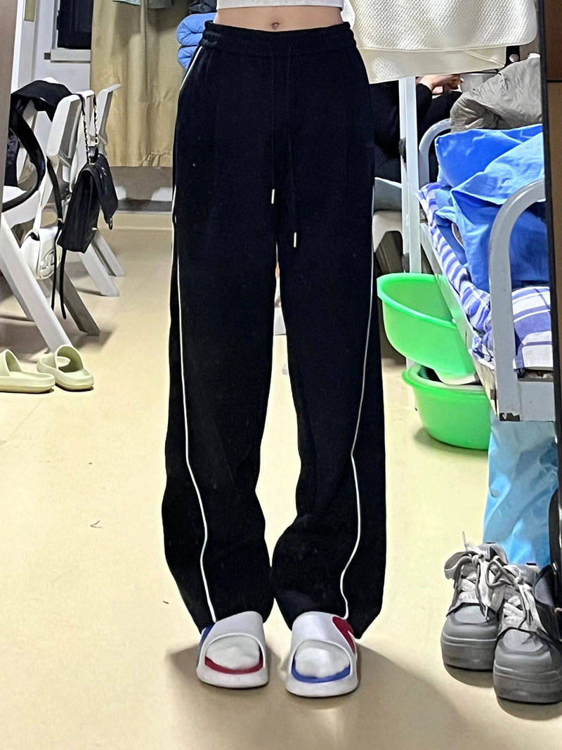 美式側邊條紋運動休閒褲女秋冬慵懶風垂感闊腿褲