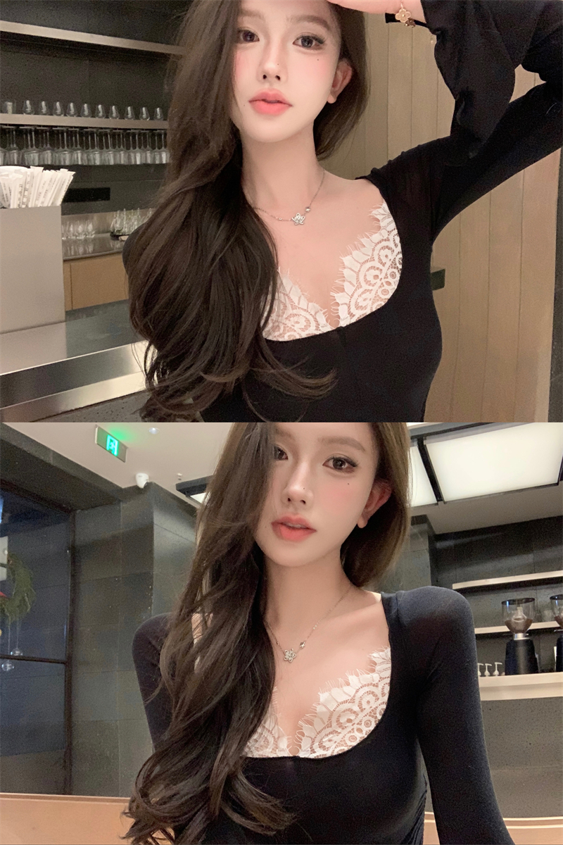 Real shot of fake two-piece spliced ​​lace large collar slimming and versatile hot girl bottoming shirt for women