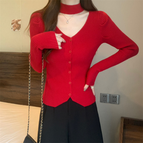 Actual shot of pure desire design, halter neck, hollow puff sleeves knitted top for women