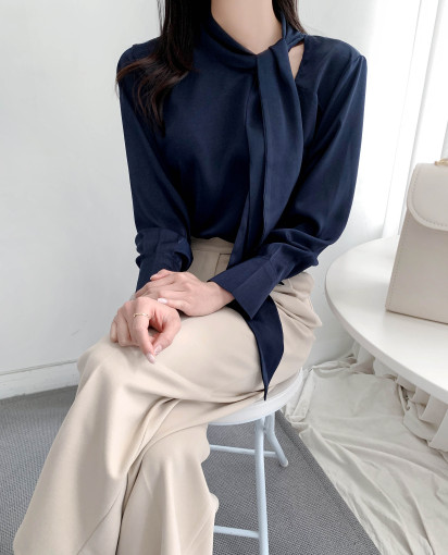 尺碼更新韓國chic春季法式蝴蝶結系帶長袖襯衫女疊穿氣質襯衣