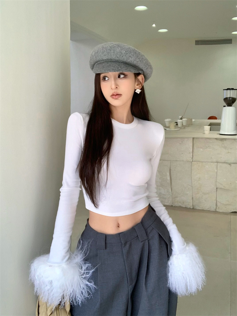 實拍  復古氣質辣妹修身顯瘦設計感袖子毛毛上衣