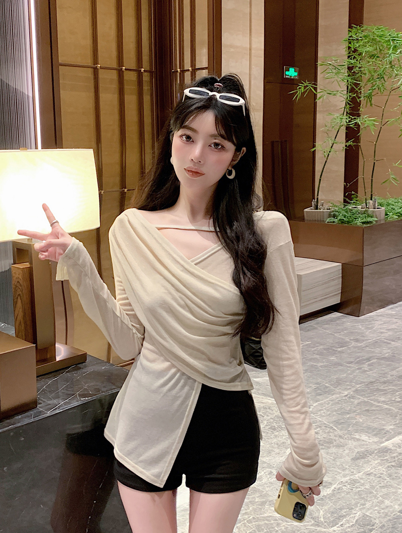 法式溫柔復古純色V領長袖防曬針織衫女夏交叉設計高級感薄款上衣