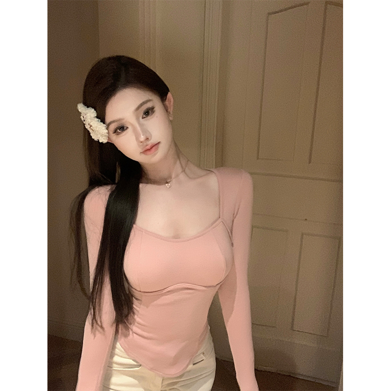 實拍 絕美打底 帶胸墊加絨方領打底內搭小眾設計感魚骨上衣