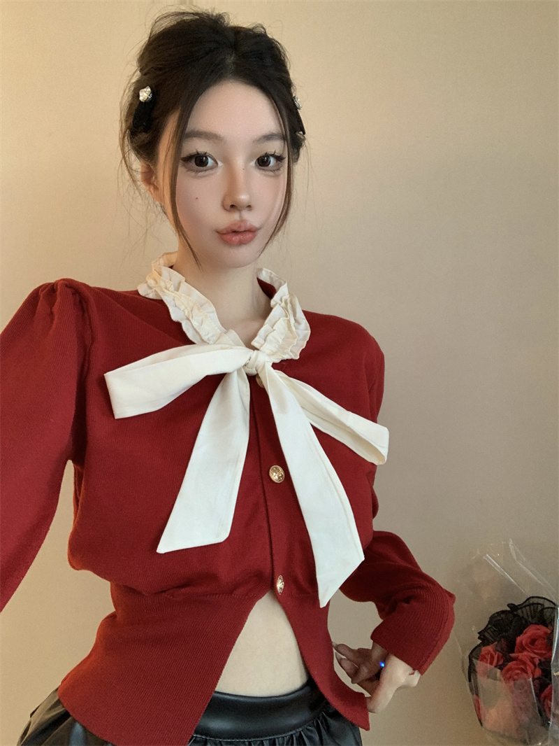 實拍  韓版蝴蝶結綁帶長袖針織衫上衣氣質顯瘦減齡毛衣