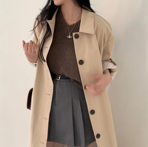 Size update Korean chic French style single-breasted long windbreaker loose casual jacket