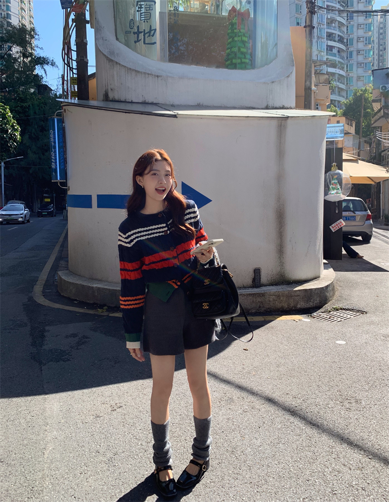 實拍  韓系復古彩色撞色毛衣開衫外套