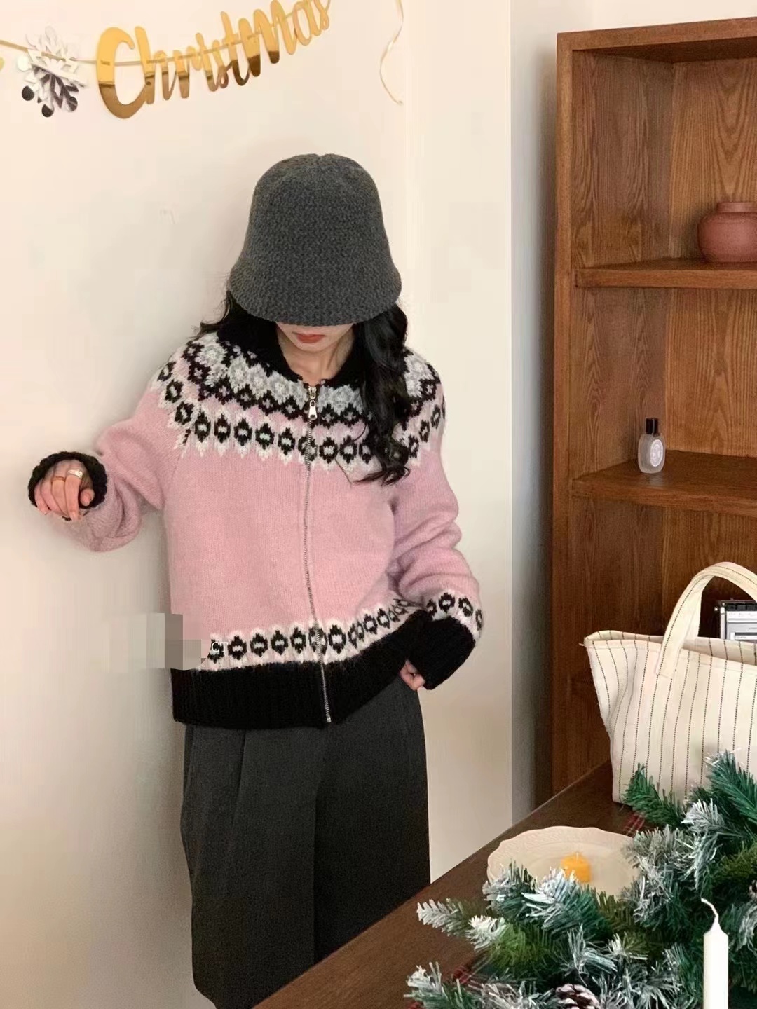 BB家 韓 鹽系穿搭休閒拼色針織面料冬季妹妹穿搭毛呢外套拉鏈款女