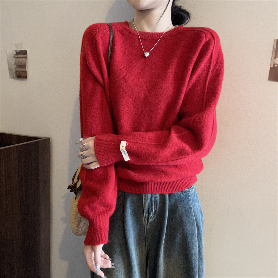 實拍圓領套頭聖誕紅色毛衣女秋冬慵懶風加厚針織衫上衣