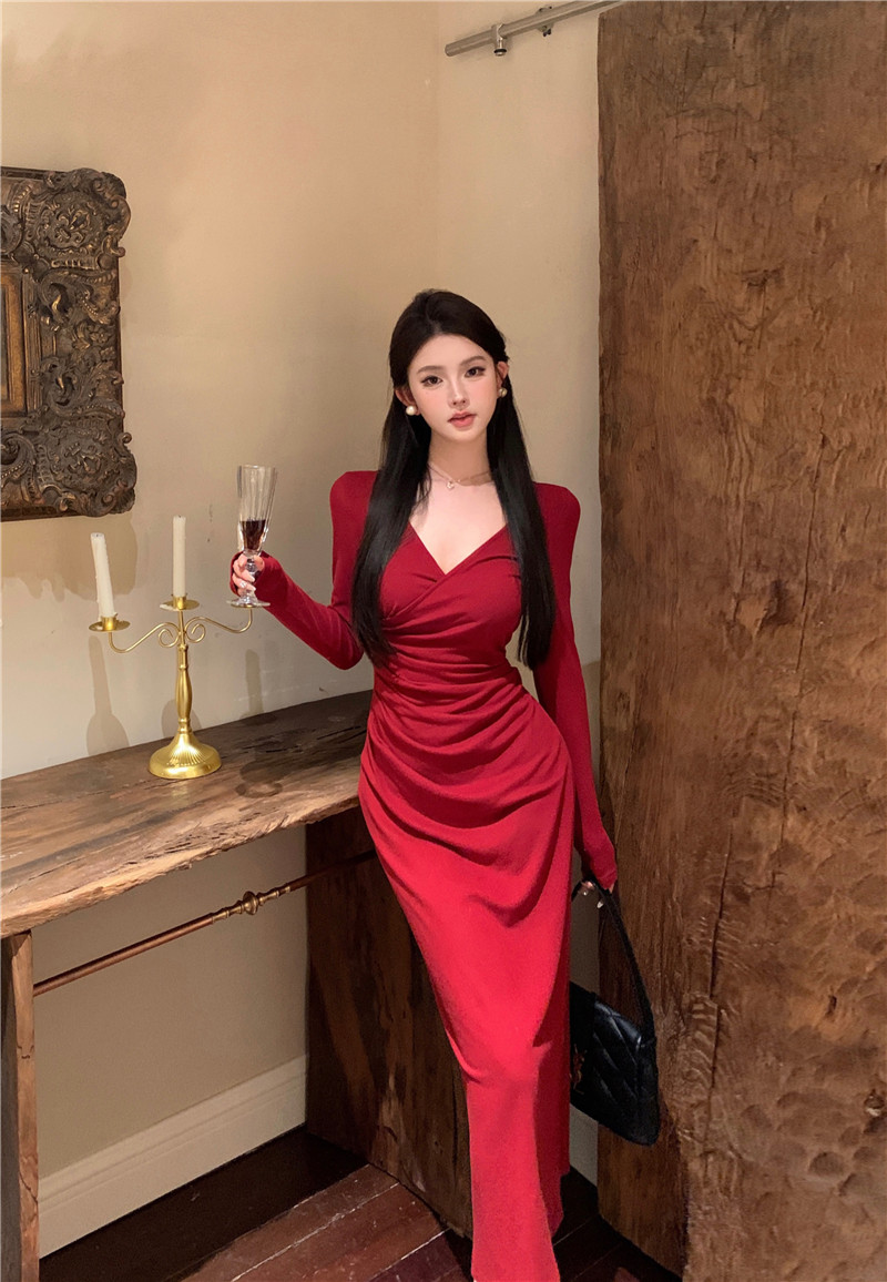 實拍~法式氣質交叉大v領收腰顯瘦顯身材百搭長款內搭連衣裙