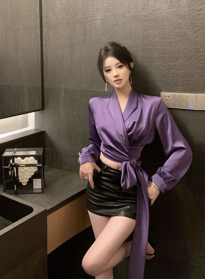 實拍~法式別致高級感小香風綁帶蝴蝶結緞面紫色襯衫女