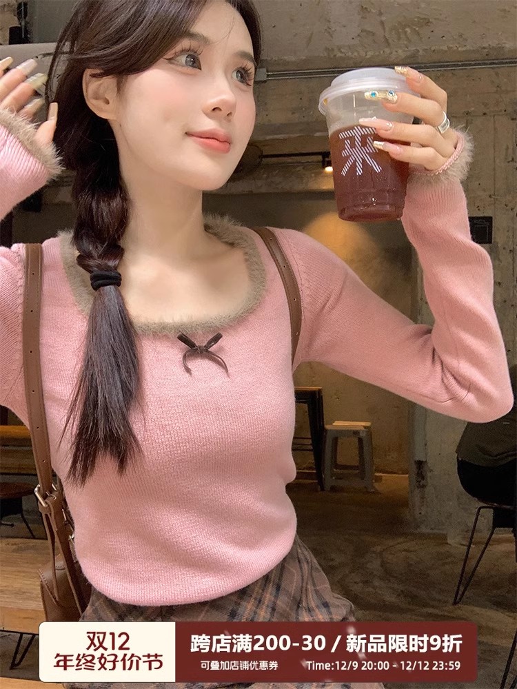 Song Zhengen furry bow woolen small piece bottoming shirt for women, slim fit inner wear, pure pink fashion outer wear, long sleeves