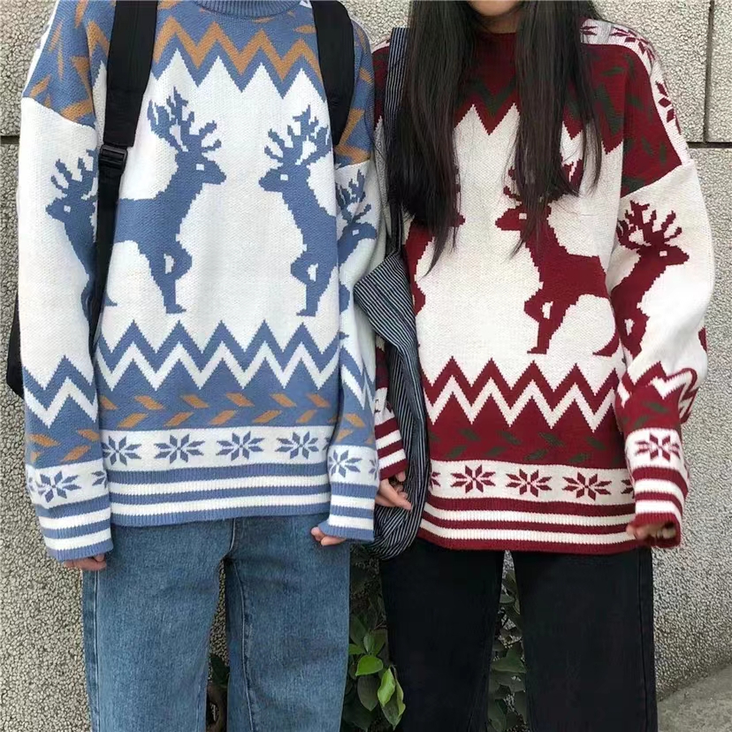 ins新年秋冬毛衣男女情侶寬鬆聖誕小鹿慵懶風外穿打底針織衫上衣