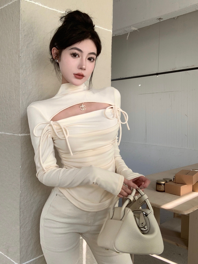 實拍冬性感辣妹風修身顯瘦鏤空抽繩雙面澳絨半高領內搭打底衫