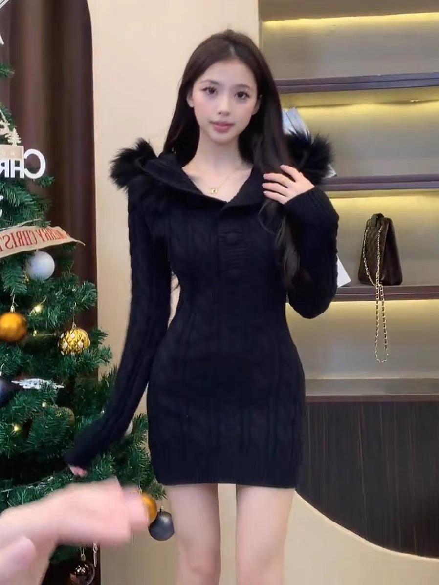 聖誕戰衣連帽毛線針織連衣裙女氣質溫柔洋氣裙子高級感紅色毛衣裙