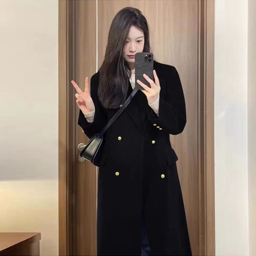 Black woolen coat women's mid-length 2023 autumn and winter new Korean style Hepburn style loose thickened woolen coat