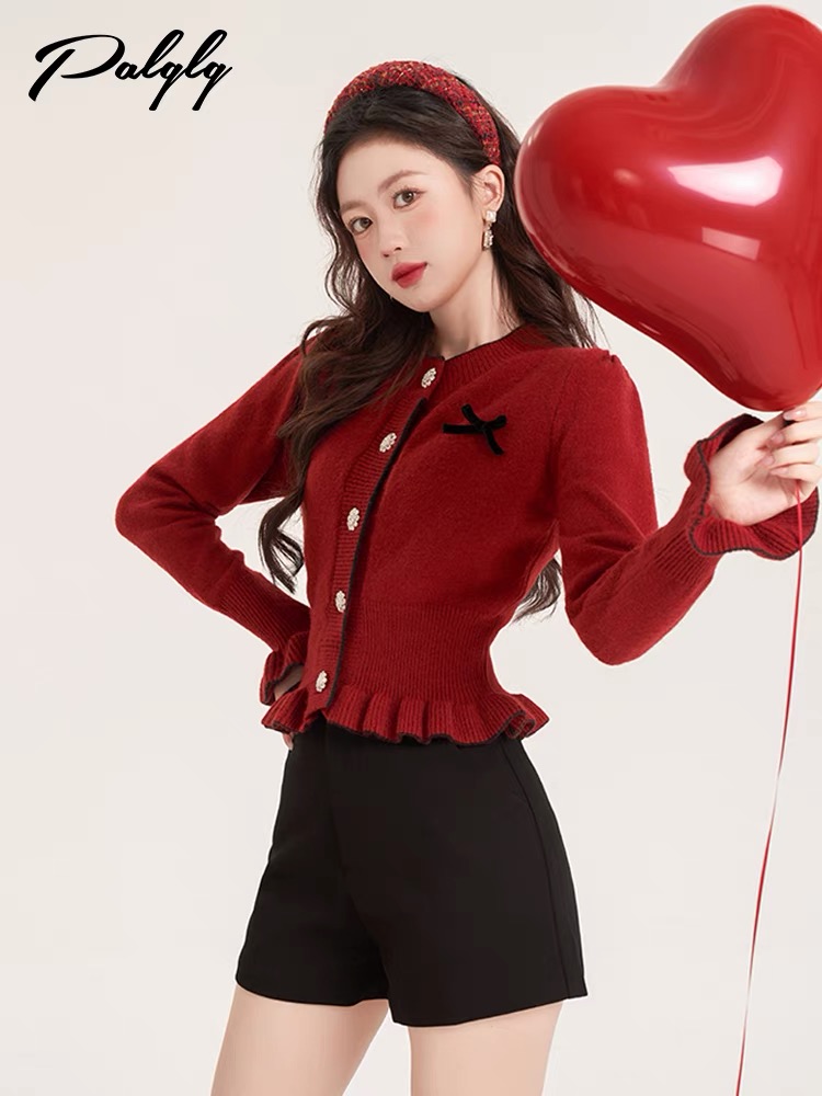短款荷葉邊紅色開衫毛衣女冬季2023新款小個子甜美法式針織衫上衣