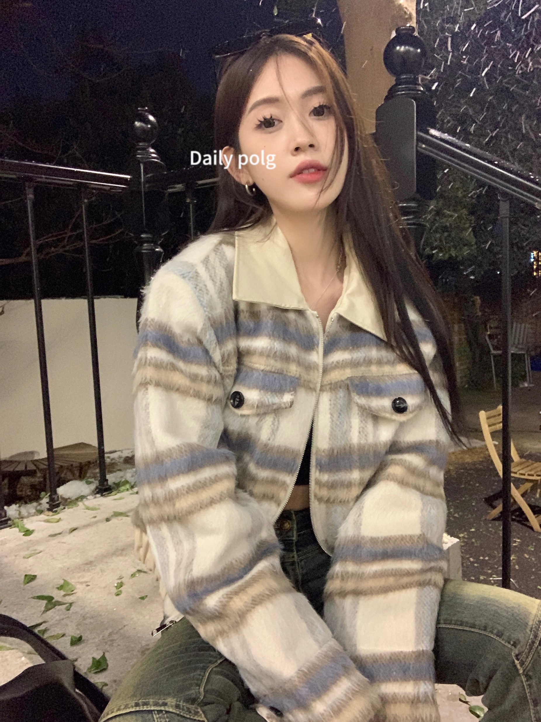 Actual shot~Korean style short plaid and cotton woolen jacket