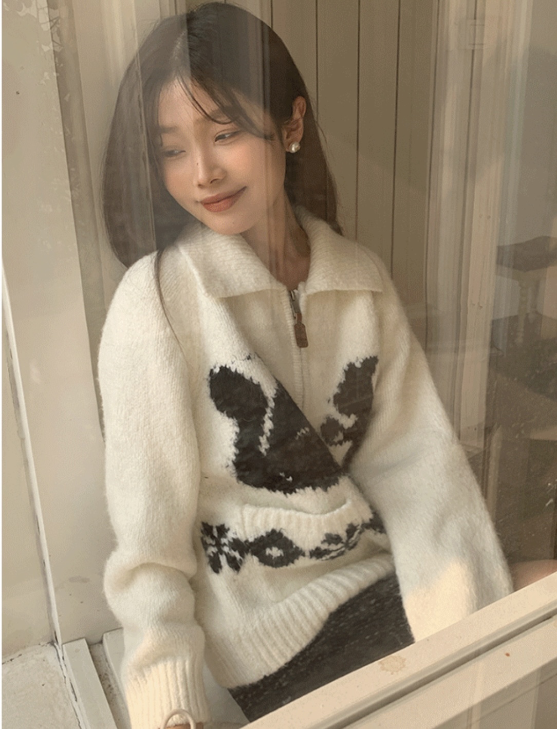 蘇菜蘿蔔 日系松鼠軟糯拉鏈翻領羊毛毛衣外套女慵懶長袖針織開衫