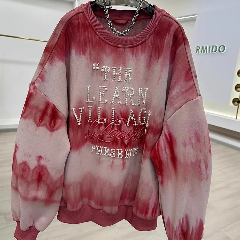 重工釘珠刺繡加絨衛衣女2023秋冬新款扎染印花慵懶風寬鬆洋氣上衣