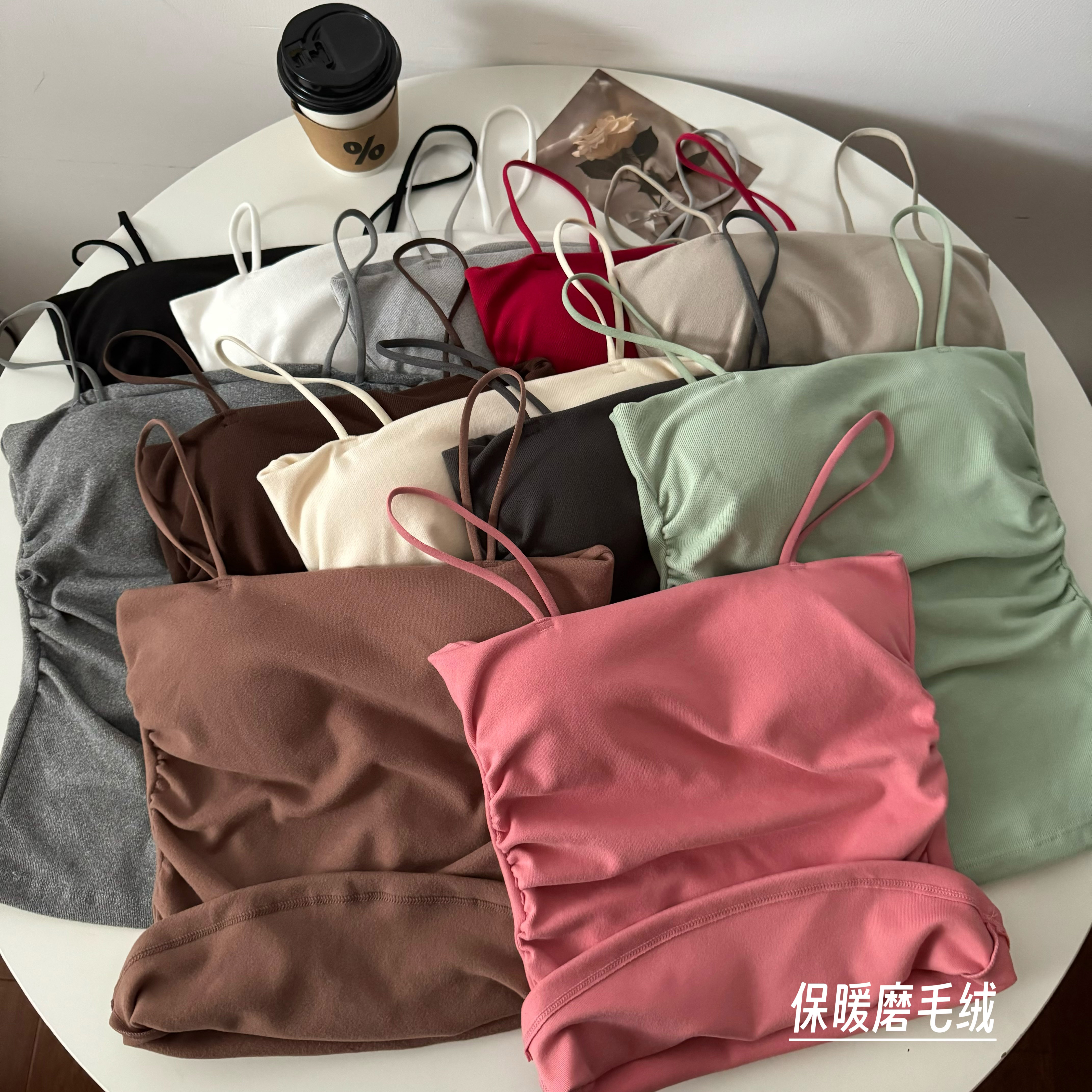 實拍秋冬韓版純色磨毛加厚保暖帶胸墊無袖背心修身顯瘦打底
