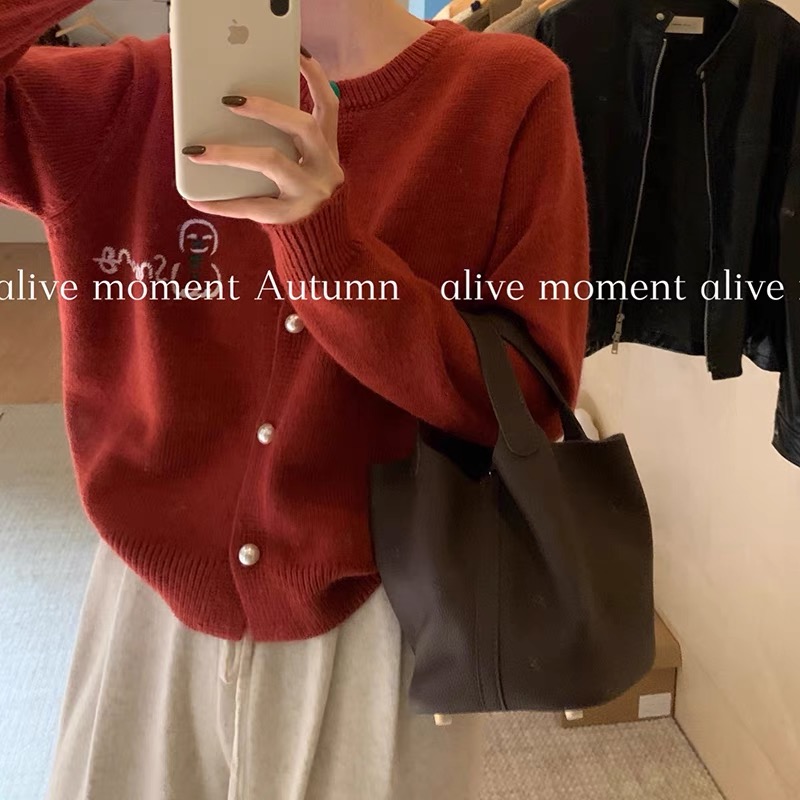 alive家2023秋冬新款雪人刺繡高級感羊毛針織開衫毛衣女厚實外套