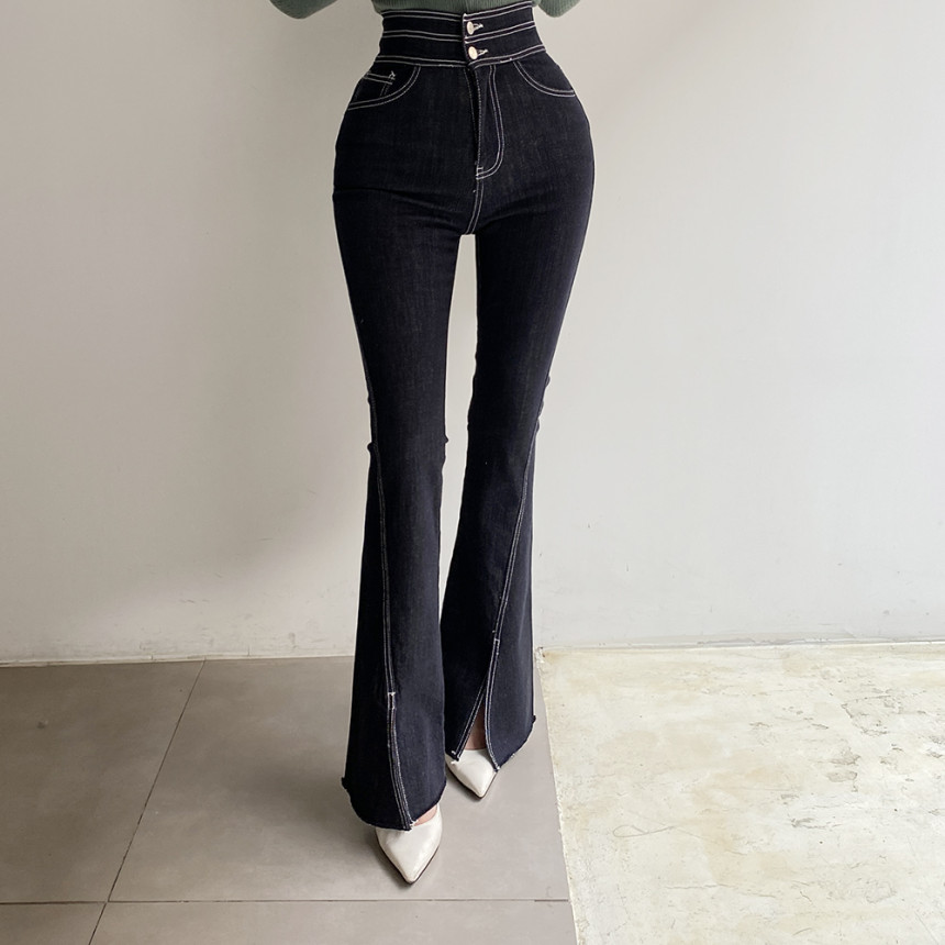 Topstitched high-rise 2-button slit bootcut jeans