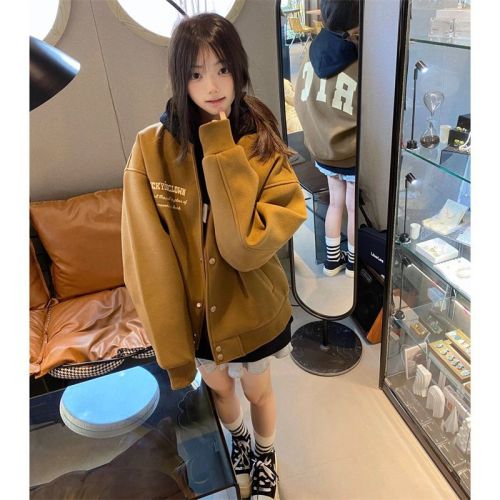 College style baseball uniform jacket for women autumn and winter 2024 new small loose casual velvet thickened jacket top