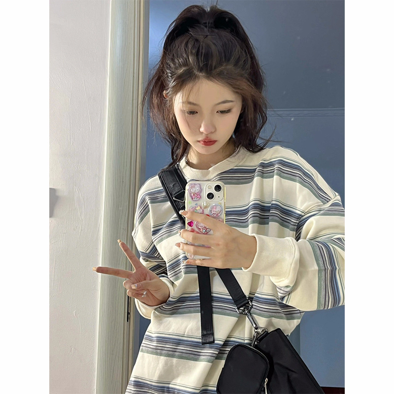 官圖  260g大魚鱗 秋裝復古條紋印花衛衣女寬鬆中長款