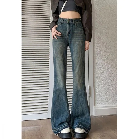 復古毛邊設計感微喇牛仔褲女秋季新款高腰顯瘦寬鬆不貼腿喇叭長褲