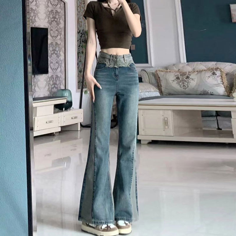 撞色拼接設計牛仔褲女春秋新款復古百搭小眾高腰微喇叭拖地長褲子