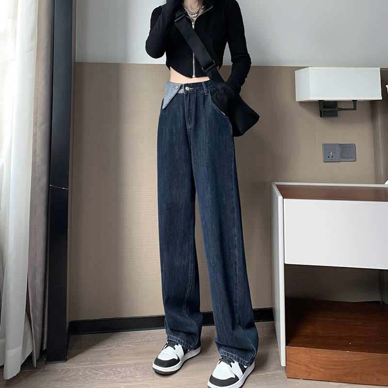高腰特色牛仔褲女寬鬆2024春季新款闊腿拖地辣妹設計感牛仔褲潮
