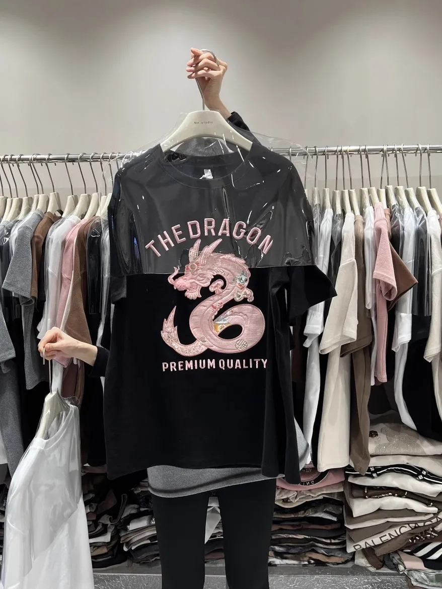 秋冬加厚短袖T恤女2023新款重工刺繡本命龍年國潮中長款半袖上衣