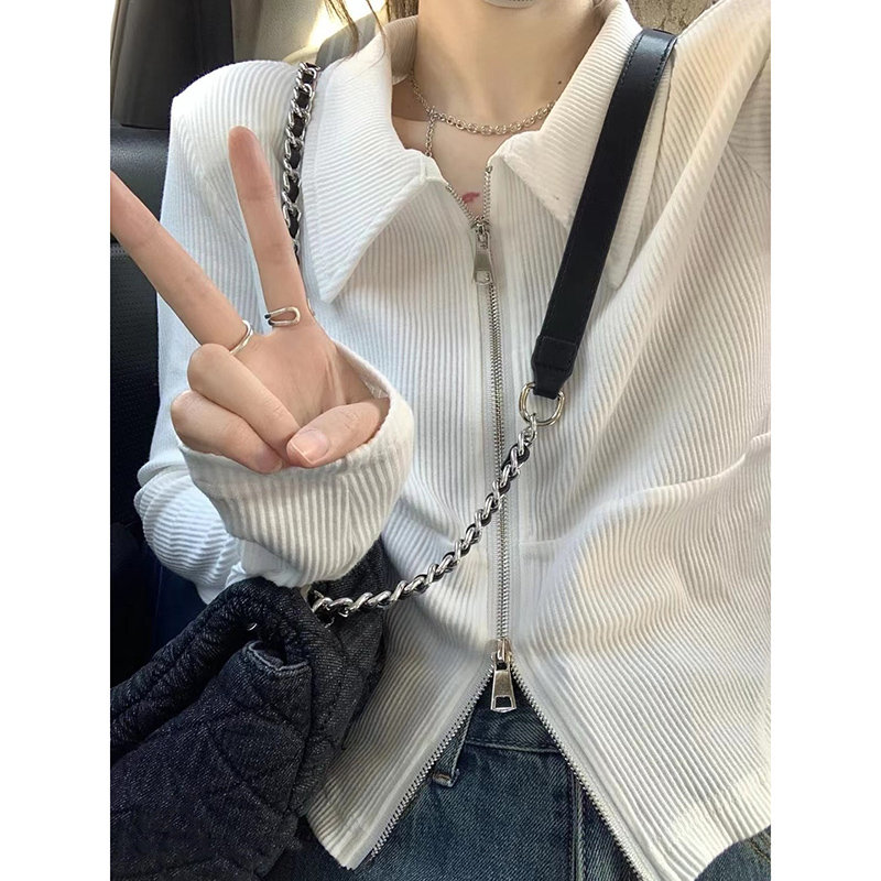 設計感小眾POLO領正肩長袖T恤女春秋內搭短款打底衫高腰修身上衣