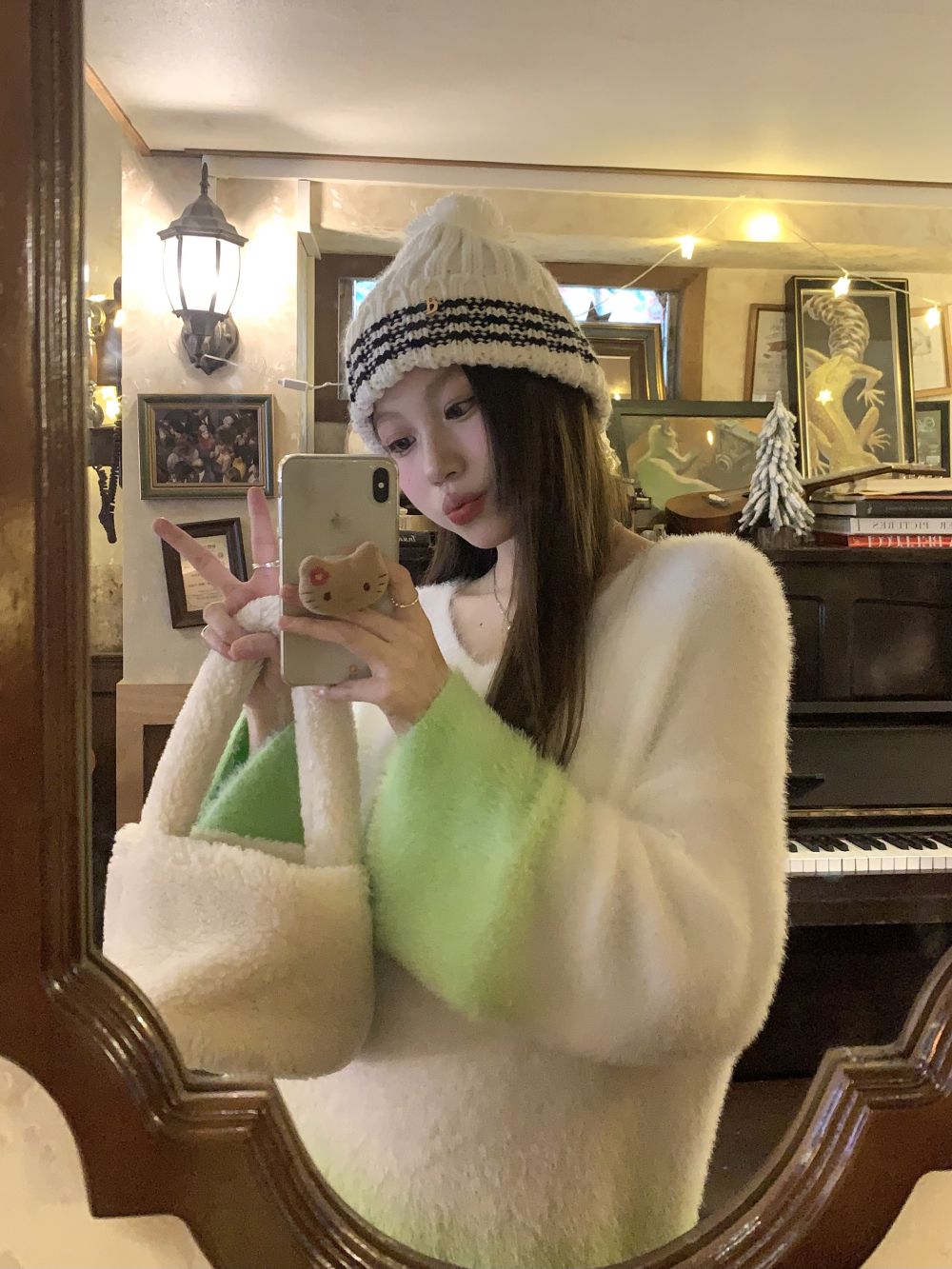實拍三標齊漸變扎染V領毛絨絨針織套頭毛衣女