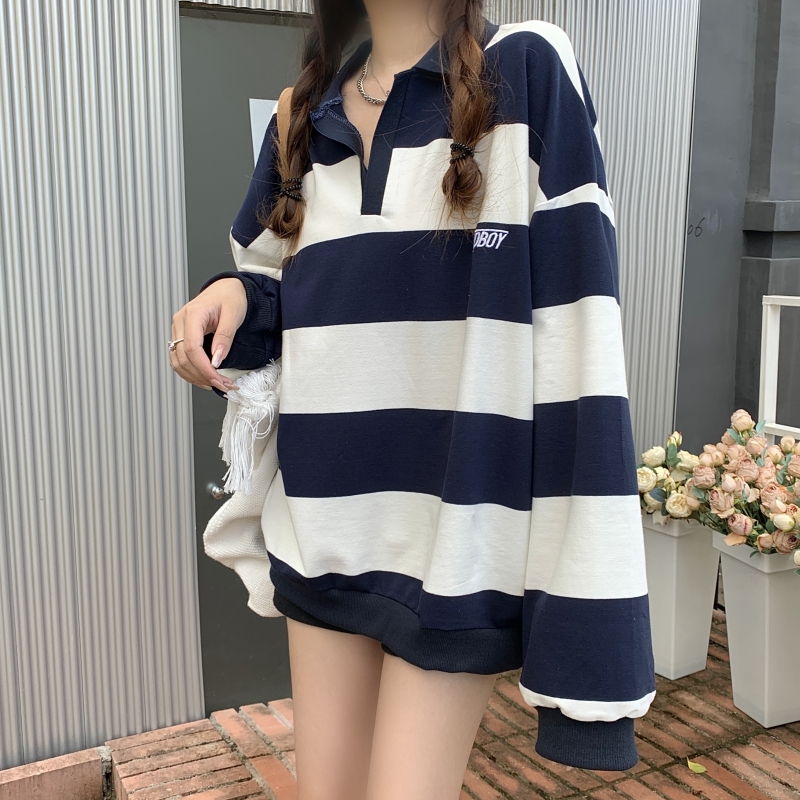實拍  260g斜紋 秋裝韓版復古條紋刺繡字母polo領衛衣女