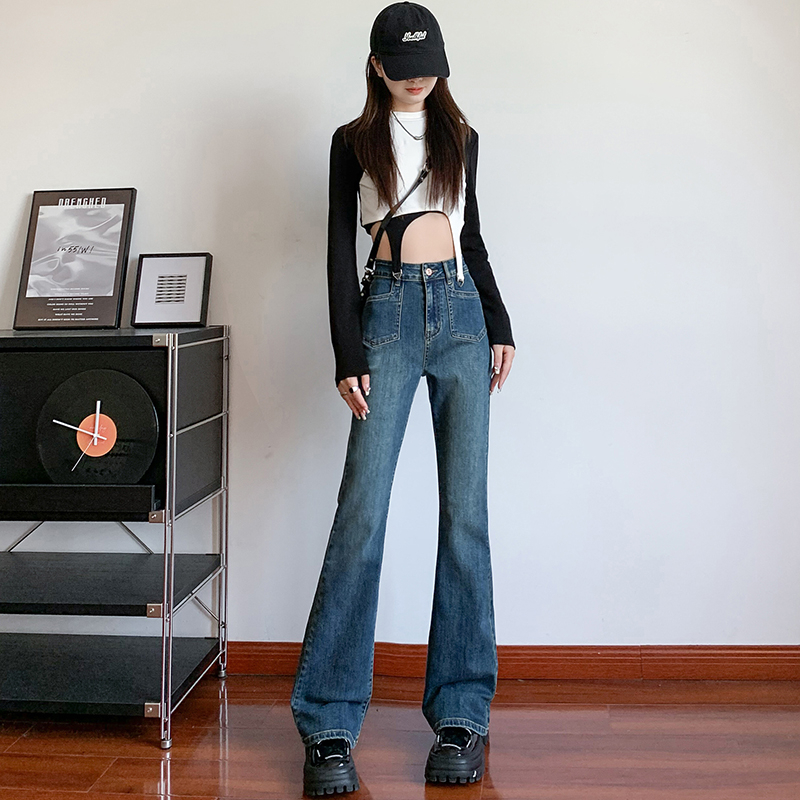 實拍2024早春高腰高彈力修身顯瘦微喇叭闊腳休閒女長褲