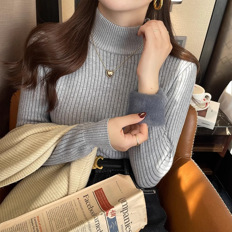 高領加絨毛衣女加厚一體絨寬鬆外穿2023年秋冬新款保暖針織打底衫