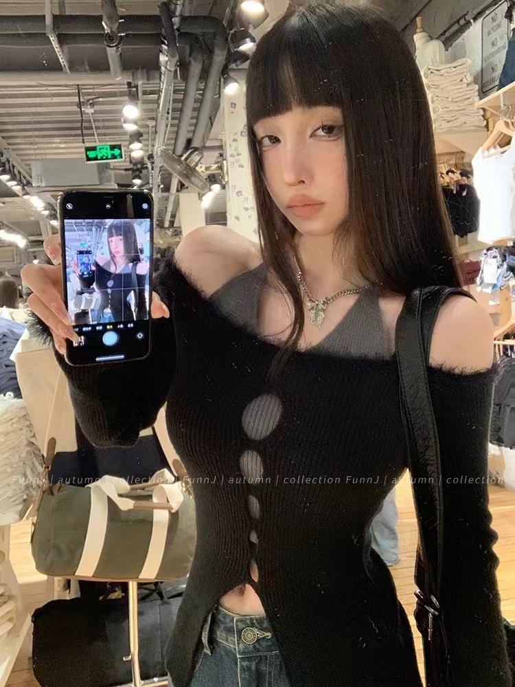 FunnJ方幾 辣味小喵 設計感小眾假兩件針織衫女修身顯瘦內搭上衣